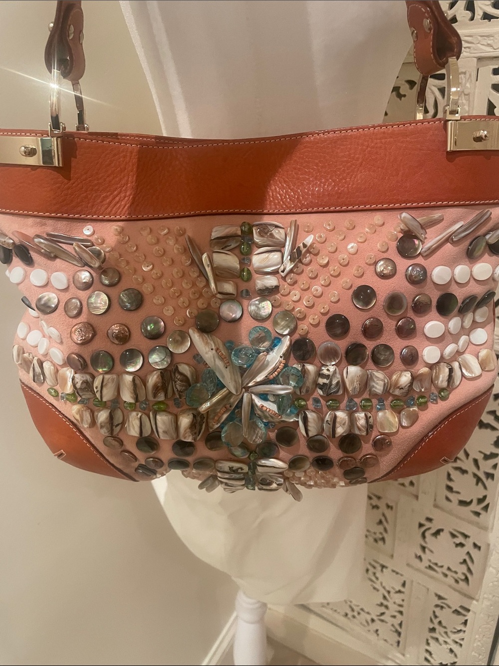 Oscar de la Renta Pink suede tan trim  , pearlized shell  shoulder bag